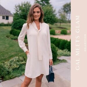Gal Meets Glam Cream Long Sleeve Tie-Neck Dress